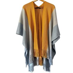 Do Everything in Love Waffle Knit Fringe Poncho Shawl One Size Blue/Gray/Yellow
